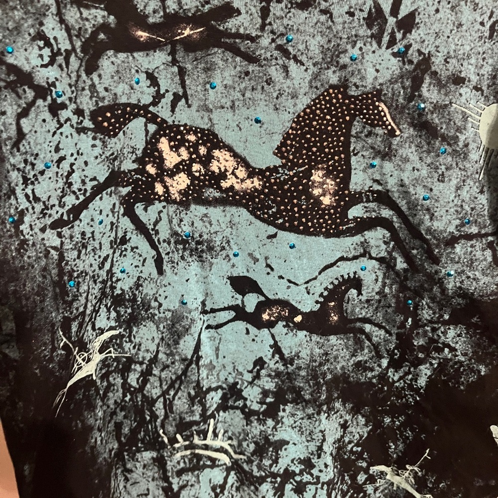 💜 Medium Teal and Black Horse Print V-Neck Long Sleeve Top - Picture 5 of 10